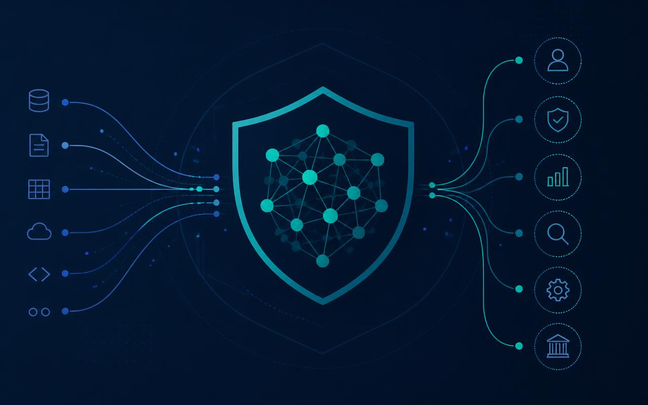 Illustration of data sources flowing into a shielded AI model and out to governance controls