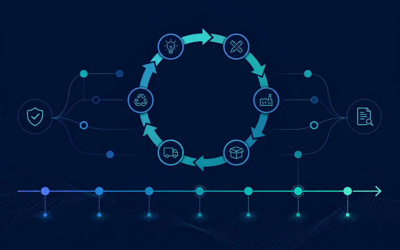 Illustration of a product lifecycle loop connected to an audit trail timeline