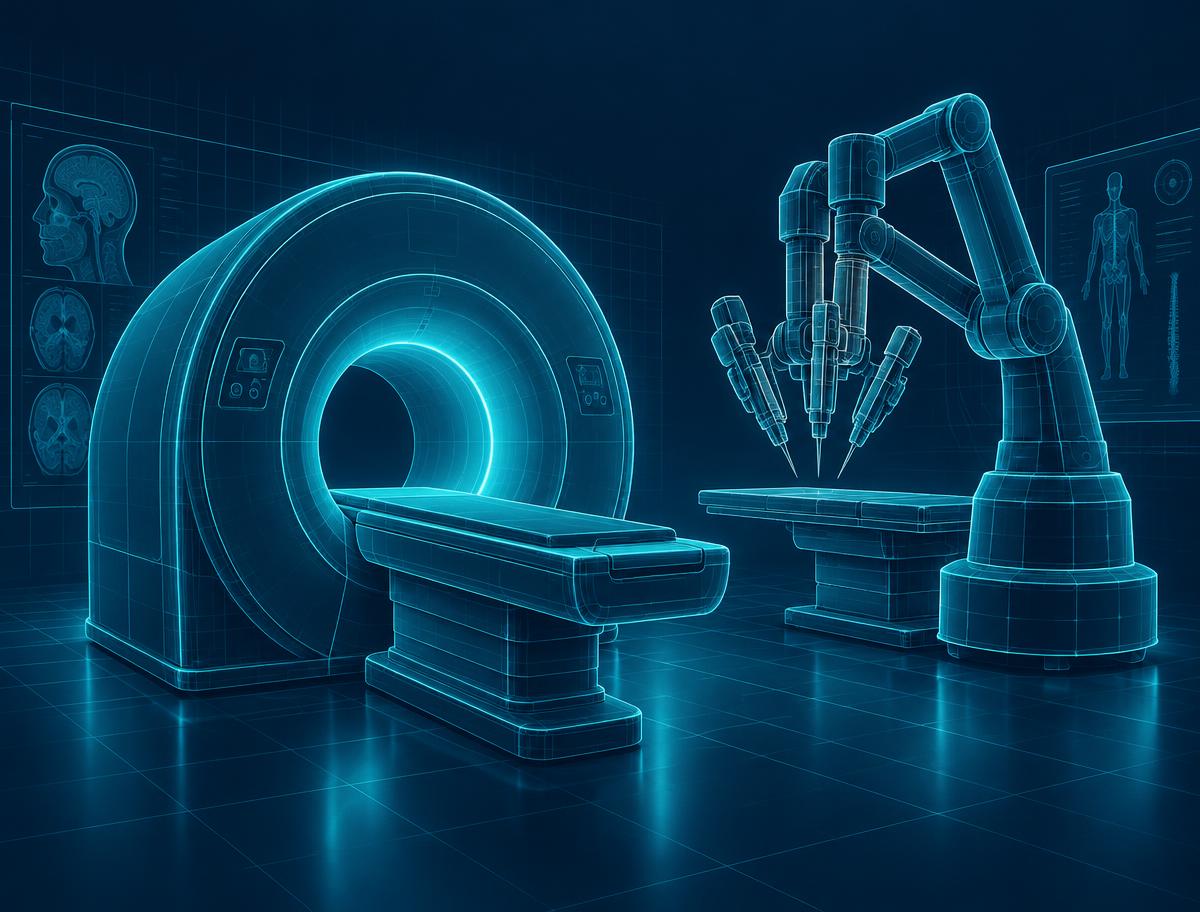 Wireframe illustration of an MRI scanner and surgical robot