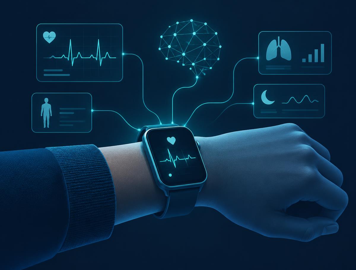Illustration of an ECG smartwatch connected to AI health dashboards