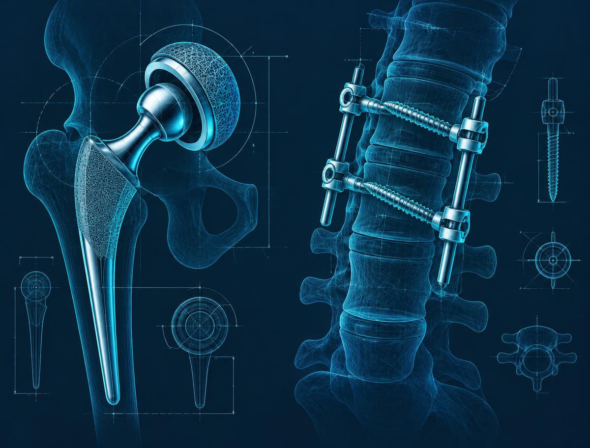 Technical illustration of a hip implant and spinal fixation hardware