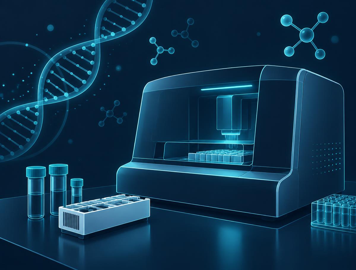 Illustration of a laboratory diagnostic analyzer with sample vials