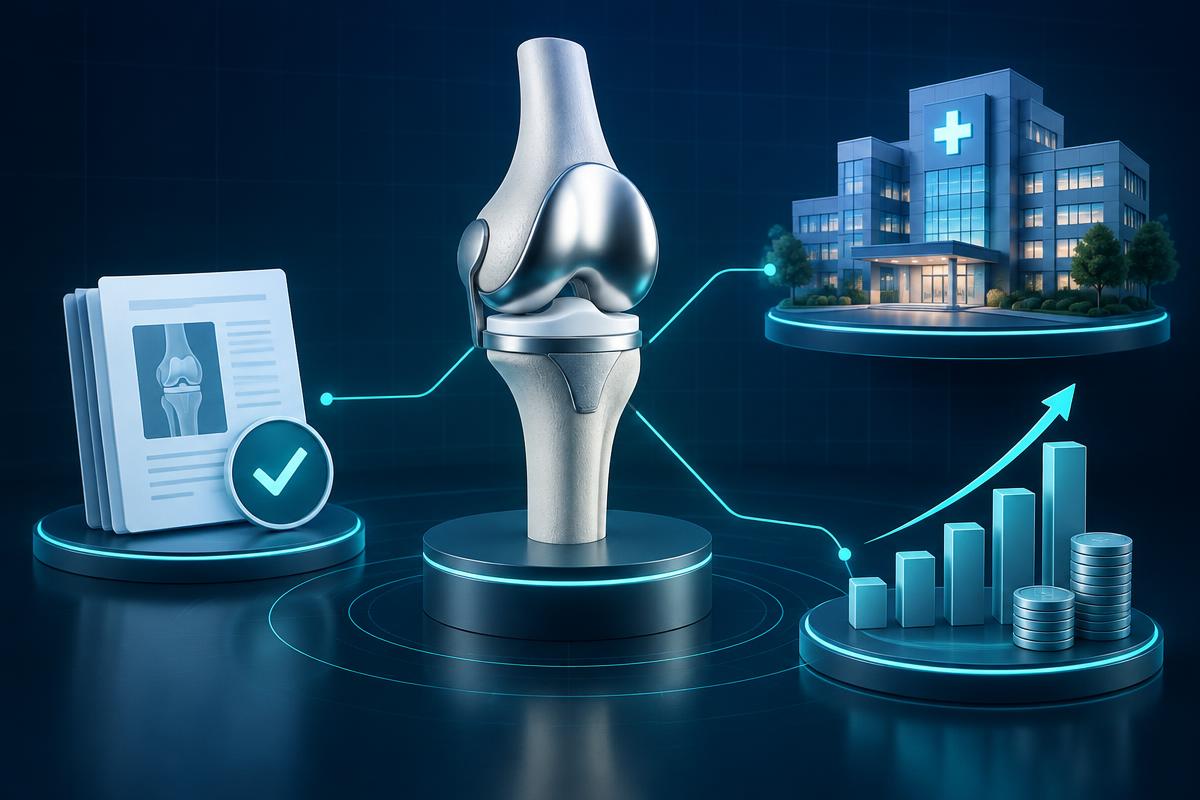 Navy-and-teal illustration linking a knee implant to clinical evidence, hospital adoption and market-access economics