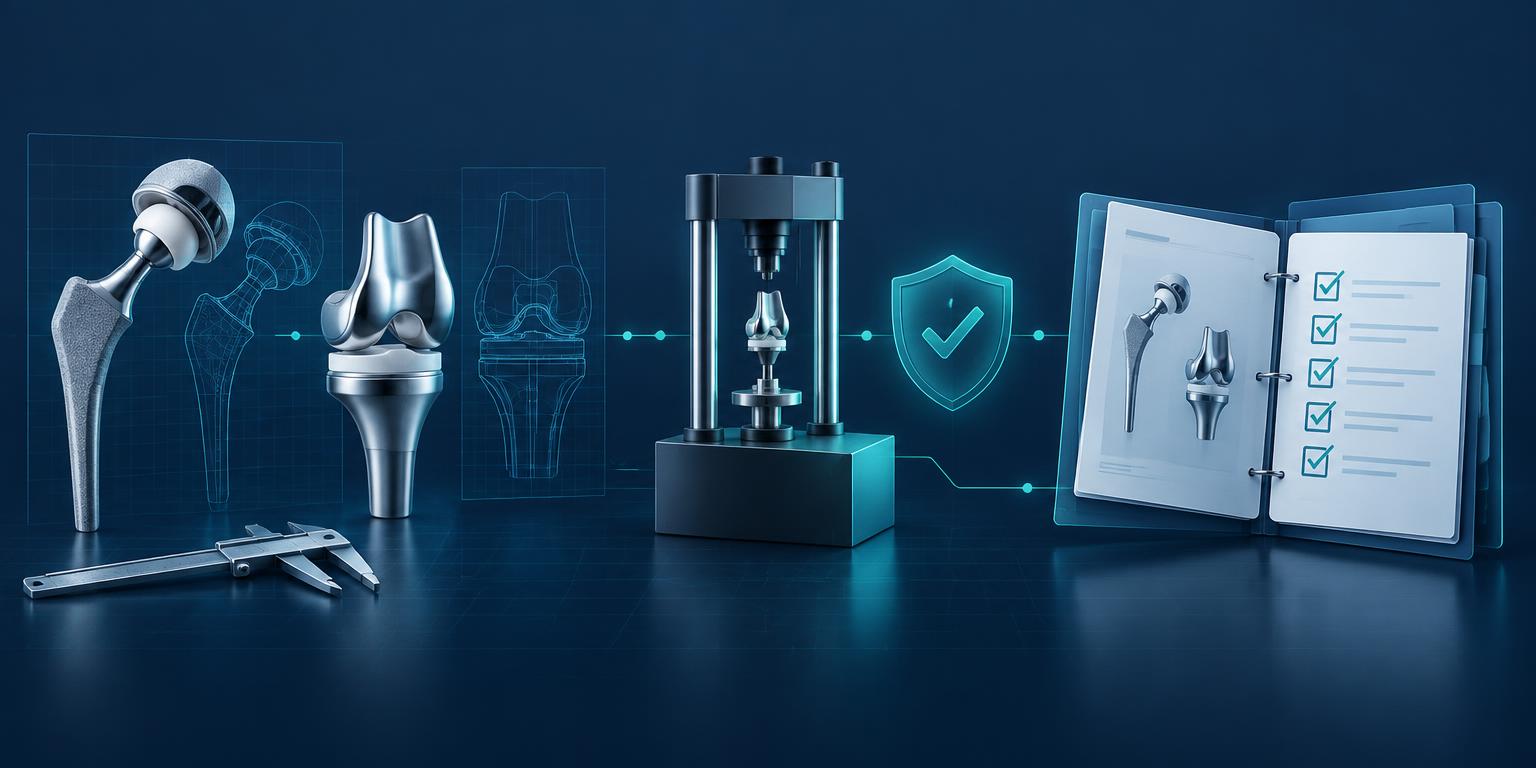Navy-and-teal pathway illustration connecting orthopedic implant design, bench testing, risk controls and a submission dossier