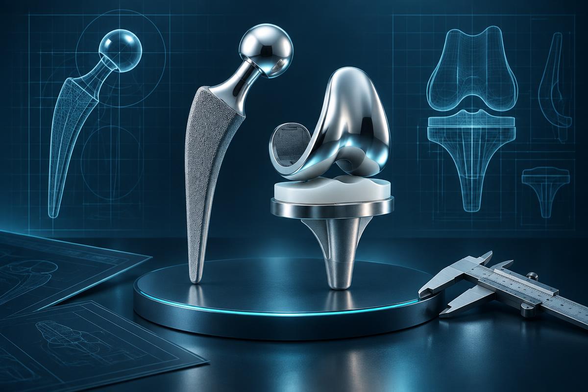 Navy-and-teal illustration of hip and knee implants with engineering blueprints and a precision caliper