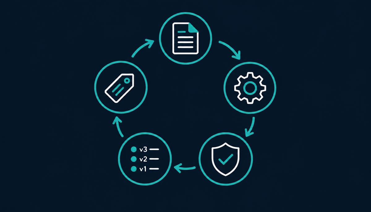 Lifecycle diagram: authorisation, in-protocol change, verification, version log, labelling update