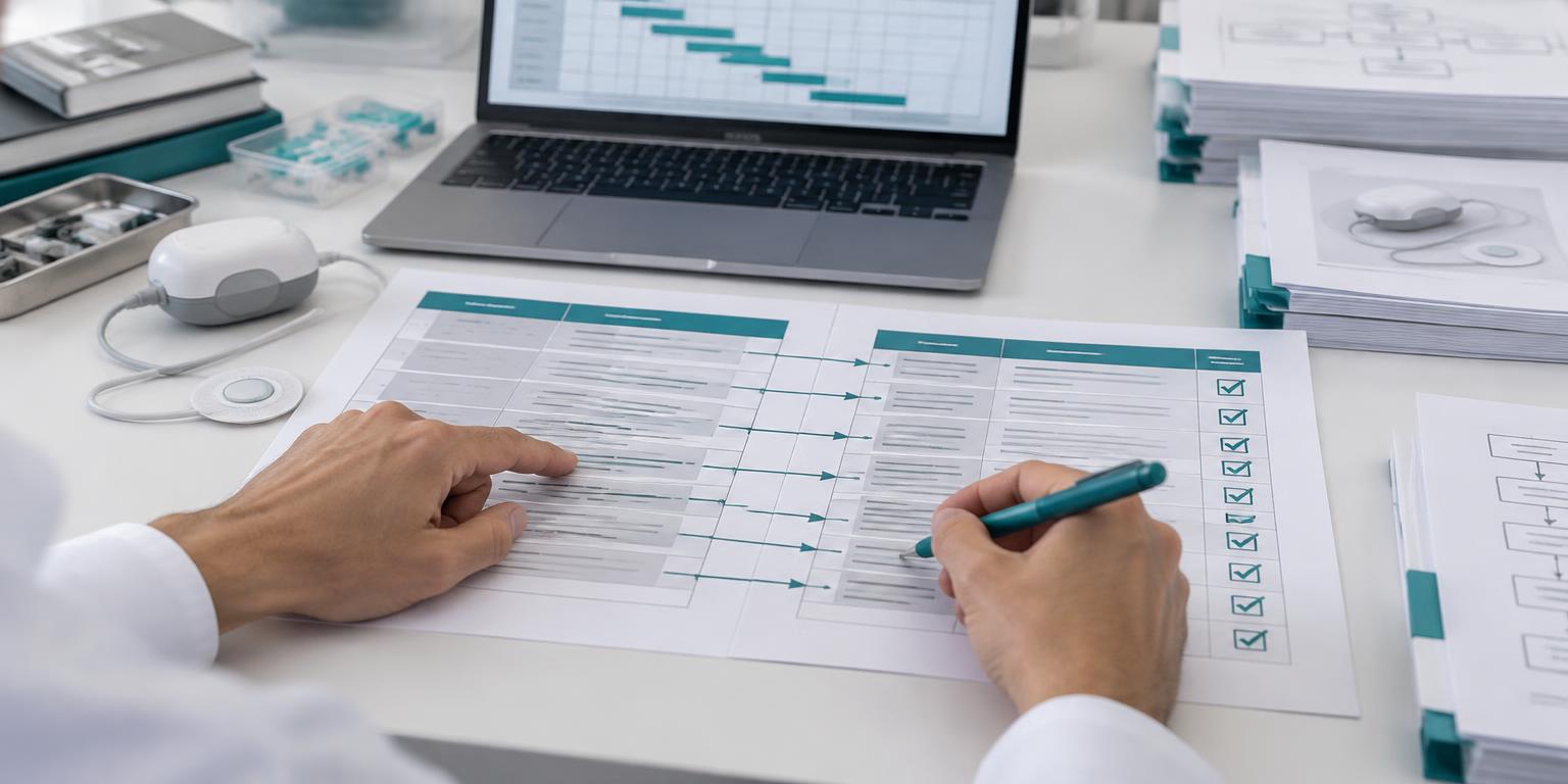 Illustrative design traceability review linking device requirements to test evidence