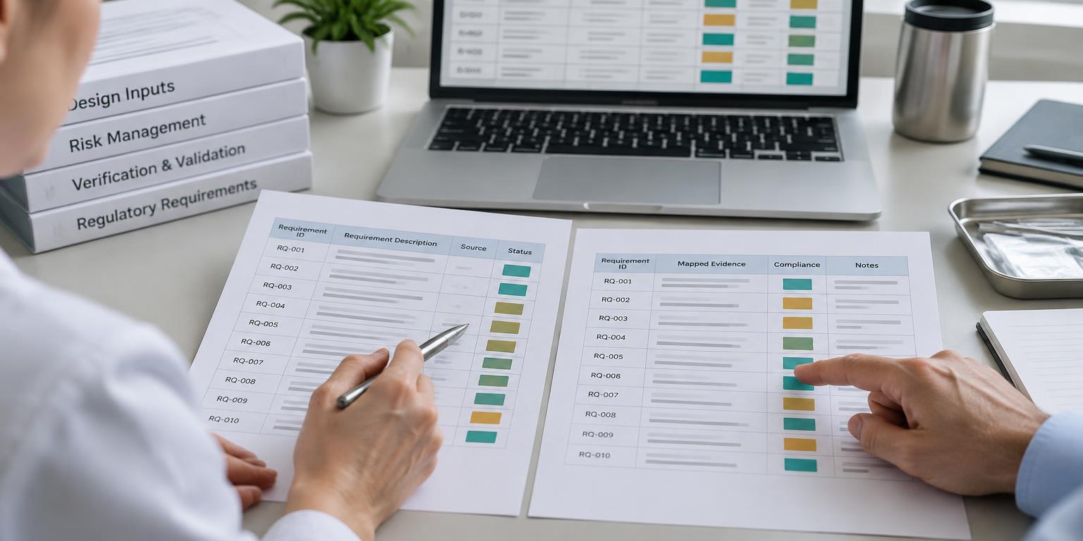 Illustrative requirements comparison with side-by-side evidence tables and a gap matrix